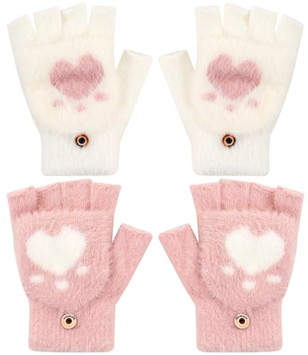 Kids Flip Half Finger Gloves, 2 Pcs Cat Plush Gloves, Winter Warm Half Finger Gloves, Children Knitted Gloves, for Girls Boys Birthday Christmas Gifts(Pink/White