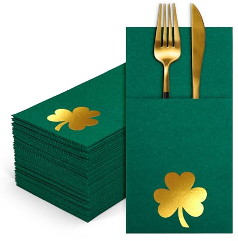 FYSUIMU 50 Pcs St. Patrick's Day Shamrock Linen Feel Napkins with Built-in Flatware Pocket Green Gold Foil Clover Disposable Paper Napkins for Irish Holiday Party Dinner Table Supplies