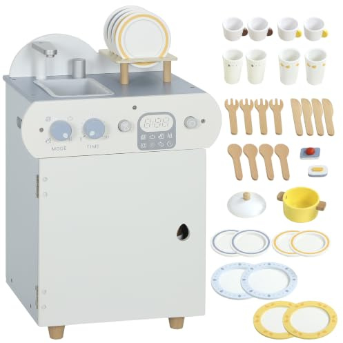 AIYAPLAY Lave-Vaisselle en Bois Jouet pour Enfants 3+ Ans Bleu Clair | Jouets d'évier de cuisine avec robinet, évier et accessoires, cadeau pour garçons et filles tout-petits