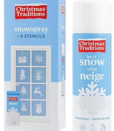 FÜNDIG Schneespray 150ml Set mit 8 Weihnachts-Schablonen - Künstlicher Sprühschnee für Fenster Deko - Weiße Winterdekoration für Weihnachten - Rückstandslos Entfernbar
