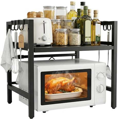 Ribech Verstellbarer Mikrowellenständer mit Extra Ablage – Höhenverstellbar für Backofen & Küchengeräte, mit 8 Haken für Gewürze & Utensilien, Rostschutz, Schwarz
