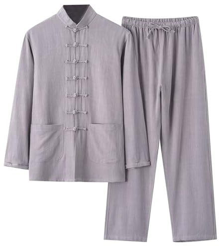 Cotton and Linen - Tai Chi Uniform Clothing - Qi Gong Martial Arts Wing Chun Shaolin Kung Fu Taekwondo Training Cloths Apparel Clothing for Seniors Beginners Men Women Arthritis Grey