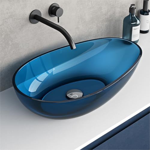 doporro Vasque à Poser Ovale Petit Lave Mains Lavabo 60x36x14cm Bleu en Résine Transparente Salle de Bain WC Invités Coloria04