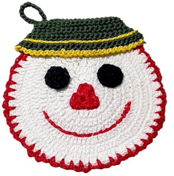 Presina di Natale Bianca a forma di Pupazzo di Neve ad Uncinetto 14x15 cm, in Cotone, Protezione Calore Cucina, Idea Regalo Mamma e Nonna (1NT)