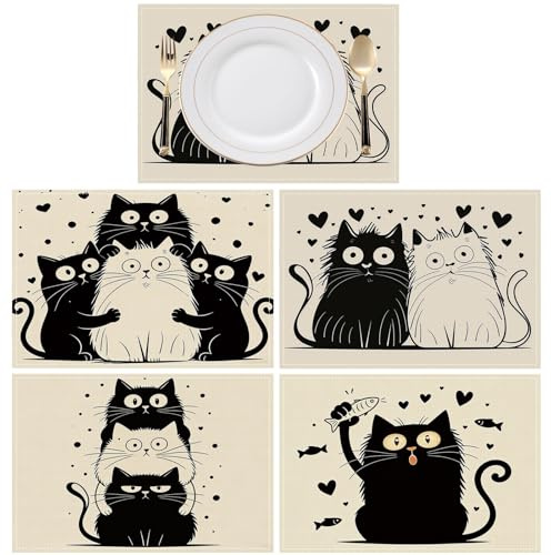 ZUWIJEQ Set di 4 Tovagliette Colazione con Stampa Gatto, 30x45cm Tovagliette Americane in Lino, tovaglietta colazione, Tovagliette Lavabili Antiscivolo per Cucina, Tavolo da Pranzo e Arredamento Casa