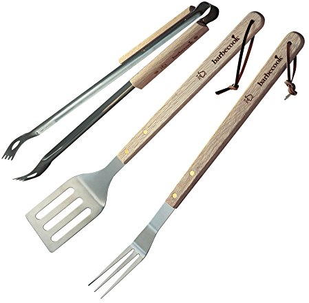 Barbecook Grillbesteck Set mit Grillgut-Wender, Grillgabel und Grillzange aus rostfreiem Edelstahl und mit Griff aus Birkenholz