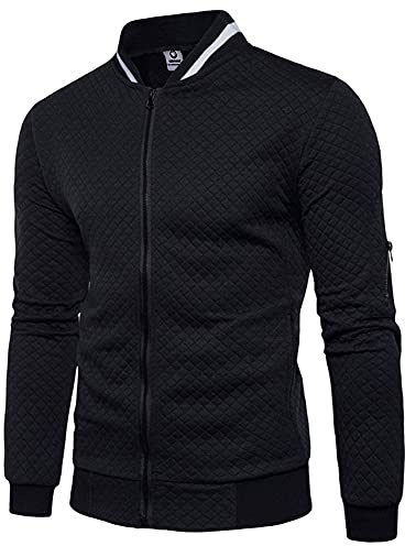 Veravant Sweat-Shirt Homme Manches Longues Pull Uni Zippé Bomber Blouson Veste Sport - Noir - Large