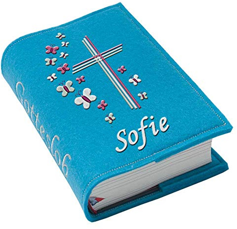 SL-Store GbR Gotteslob Gotteslobhülle Großdruck Kreuz Schmetterlinge pink rosa Filz mit Namen Bestickt hellgrau weiß dunkelgrau lila blaugrau dunkelblau türkis maigrün Flieder Mädchen, Farbe:türkis