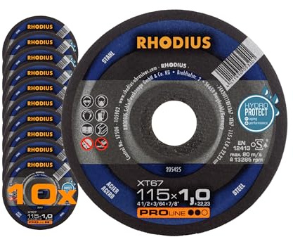 RHODIUS XT67 Metall Trennscheibe, 115 x 1,0 x 22,23 mm, 10 Stück | Für Stahl, Made in Germany, schnelle und präzise Schnitte, lange Standzeit, für Winkelschleifer, in Metall-Dose