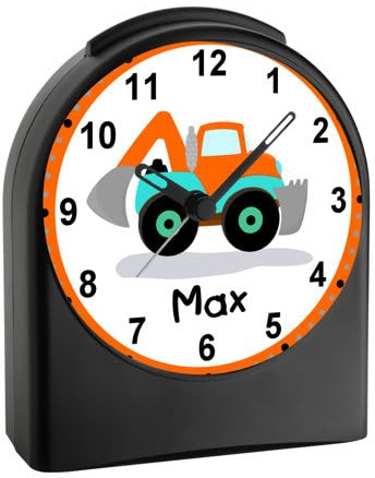 CreaDesign, WU-50-1084, Bagger, analog Kinderwecker schwarz, Funkwecker ohne Ticken, mit Licht, personalisiert mit Namen, 9,6 x 5,5 x 11,9 cm, 104 g