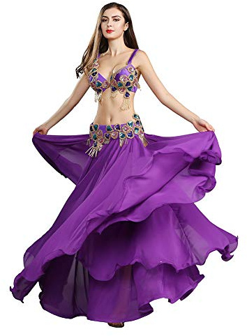 ROYAL SMEELA Bauchtanz Kostüm Damen Bauchtanz Rock BH Gürtel Lila Tanzkleid Flamenco Chiffon Rock Lang Maxirock Perlen Stickerei BH Gürtel Anzug Karneval Outfit