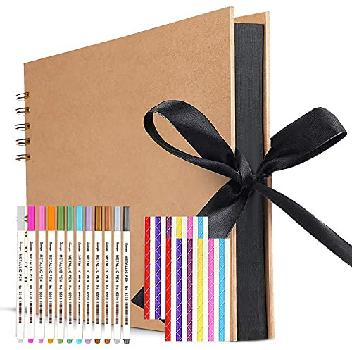 Large Scrapbook, funvce 12x 8 Scrap Book with 80 Pages Black Craft Paper, DIY Photo Album with Pens, Photo Corners for Adults Wedding, Birthday, Gifts Memory Book, Square (Large Brown)