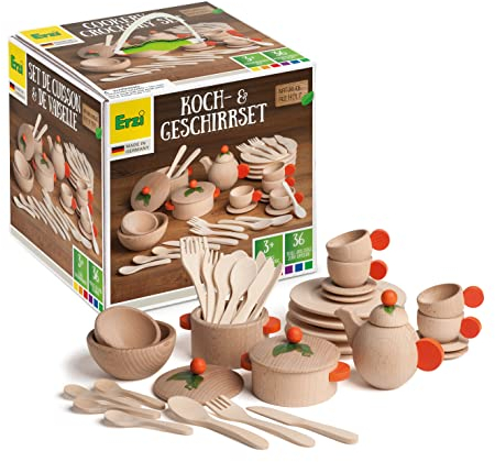 Erzi 10677 Koch- und Geschirrset Natur aus Holz, Kinderküche, Kaufladenartikel für Kinder, Rollenspiele