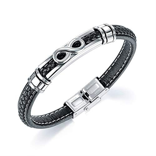 ATEIELLI Infini Bracelet Cuir Noir Acier Inoxydable Fermoir 21.5cm B310