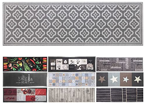 Primaflor Küchenläufer Ornament | Grau-Creme | 50 x 150 cm | 100 % Polyamid, rutschhemmender Vinylrücken, CFL-s1, 6,5 mm Höhe und für Fußbodenheizung geeignet