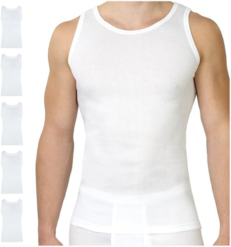 SES Paquete de 5 camisetas interiores de doble canalé para hombre, 100% algodón, con ajuste ceñido al cuerpo, Blanco, S