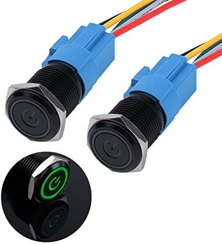 JIQI 2× 16mm Rastende wasserdichte Druckschalter 12V bis 24V 3A Latching Push Button mit LED Power Symbol einrastend Schalter aus Metall schwarz vorverdraht Drucktastenschalter mit IP66 1NO 1NC (Grün)