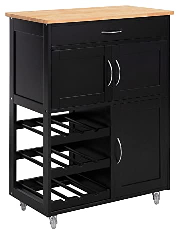 SoBuy Servierwagen mit Rollen Küchenwagen mit Arbeitsplatte Rollwagen mit Schubladen, Weinregal Kücheninsel Küchenregal stehend Möbel für Küche, Esszimmer & Outdoor Schwarz 67x86x38cm FKW45-SCH