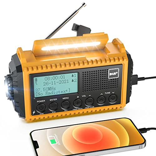 Radio de Manivela Dab/FM con Batería, Radio Solar Portátil con Linterna LED y luz de Lectura, Resistente al Agua IPX4, Radio de Emergencia y Alarma SOS, Apto para Senderismo, Camping, Aire Libre