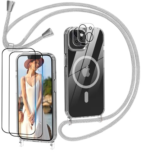 Magnétique Coque avec Cordon pour iPhone 13 avec Magsafe,2 Verre Trempé et 2 Caméra Protecteur,Transparent Coque Collier Réglable Téléphone Étui Portable Lanyard Case Protection Complète Cover