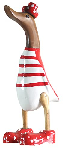 ART-CRAFT Canard en bois - Décoration de jardin - Racine de bambou et teck - Rouge - Peint à la main - 25 cm de haut