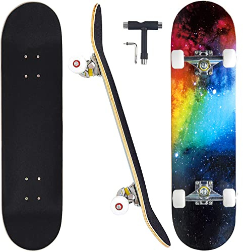 CAPARK Skateboards for Beginners Adults Youths Teens Kids Girls Boys 31 Inch Pro Complete Skate Boards 7 Layer Canadian Maple Double Kick Concave Longboards (Nebulae)