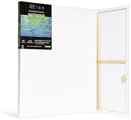Elan Sträckta Kanvasar 80x100 CM Set om 3, 280GSM Extra Stor Kanvas för Målning, Trippelgrundad Kanvasar för Akrylfärger, XL Kanvas 80x100 CM
