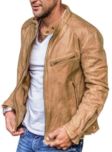 Oanviso Giacca Uomo Ecopelle Giacche Biker Leggero Giubbino Bomber Giubbotto Vintage Giacca Da Moto Moda Casual Jacket Primavera Giacca di Pelle a Maniche Lunghe Regular Fit A Kaki M