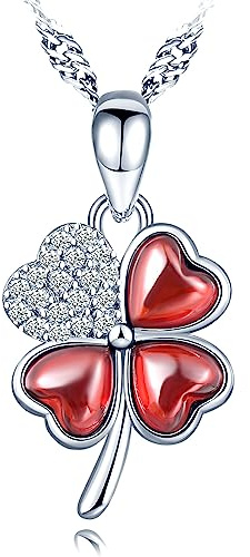 MICMIF Collier Trèfle à Quatre Feuilles en Argent 925/1000 pour les Femmes Filles, Pendentif Trèfle avec Grenat et Zircone Bijoux Cadeau pour Maman épouse petite amie