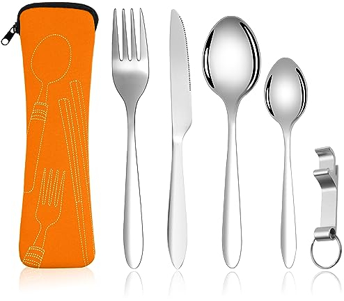 Vicloon Edelstahl Besteck Campingbesteck, 6 Stück Reisebesteck Camping mit Gabel, Löffel, Flaschenöffner und Bestecktasche, für Reise Picknick (Orange), (V-GB-ORG-FBA)