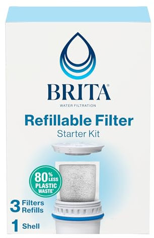 Brita Kit de démarrage de filtration d'eau rechargeable avec 1 coque de filtre réutilisable et 3 recharges de filtre