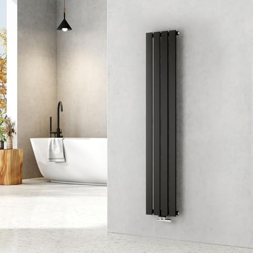 EMKE Heizkörper Schmal Hoch 1600x304 mm Einlagig Schwarz 501W | Vertikal Flachheizkörper mit Mittelanschluss, Paneelheizkörper Wandheizkörper für Bad, Wohnzimmer & Schlafzimmer