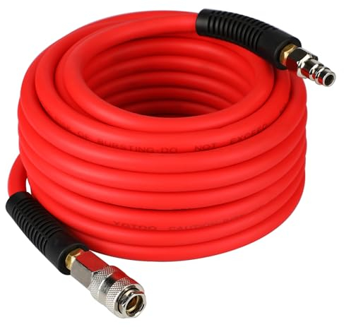 YOTOO Hybrid Air Hose 10m Long 6.5mm ID X 12mm OD 300 PSI with 1/4-Inch Europe Steel Quick Coupler Fittings and Bend Restrictors for Heavy Duty, Lightweight, Flexible at All Weather Use, Red