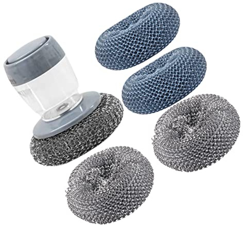 Didiseaon Pot Cleaning Brush with Soap Dispenser, Palm Dishwashing Brush Set, Pet and Steel Wire Scrubber for Kitchen Decontamination and Household Pot Cleaning