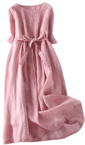 Zeiayuas Vintage Linen Dresses for Women UK Cotton Linen Maxi Dresses Lace Up Round Neck Half Sleeve Dress Pleated Boho Beach Holiday Dresses Summer Casual Tunic Dress Elastic Waist Tie Long Dress