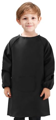 Malerkittel Kinder 8-12 Jahre, Malschürze Schwarz, Bastelschürze Mit Ärmeln Und Taschen, Schürze Schule Jungen Mädchen Für Basteln Malen Backen Kochen