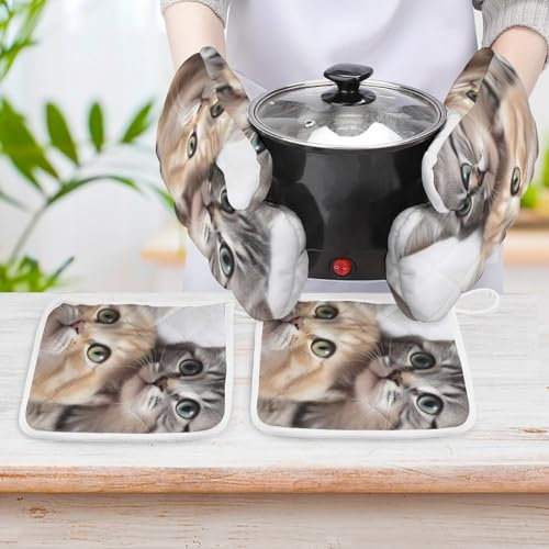 Ofenhandschuhe und Topflappen, 4 Stück, Küchenhandschuhe mit rutschfester Oberfläche, hitzebeständige Ofenhandschuhe, Katzen, Kochhandschuhe, Baumwolle, Ofenhandschuhe zum Backen, Mikrowelle, Grillen