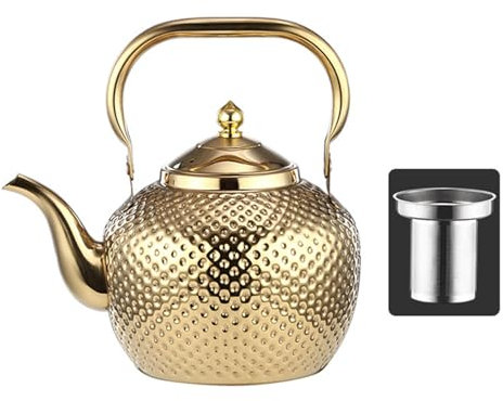 NISMIA Teekessel wasserkessel ölflasche, Edelstahl-teekanne mit siebeinsatz, für Familien, Restaurants, Camping,Gold,1.2L