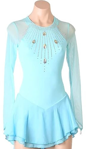 YDHTIZ Klassisches Eiskunstlauf Wettkampf Kleid Für Mädchen Einfarbige Trikots Für Rhythmische Gymnastik Eislaufen Kostüm Mit Strass Rollerskate Rock Handgemacht,Blau,12_15Years