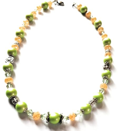 Collier aux couleurs acidulées en orange et vert, pierres fine, cristal, verre de bohème, fermoir en acier inoxydable