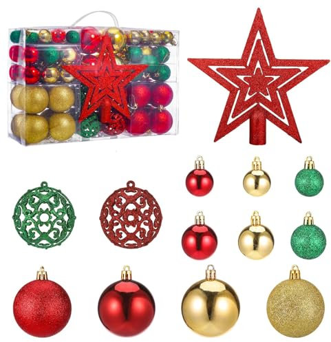 Zocipro 101 Stück Weihnachtskugeln Plastik Rot Gold Grün Christbaumkugeln, 6cm/4cm/3cm Kunststoff Christbaumschmuck mit Aufhänger Bruchsicher, Weihnachtsbaum Deko Set
