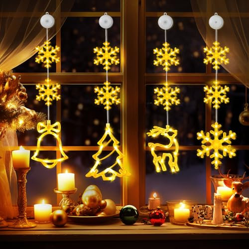 Edonkvi Luces Navidad Ventana 4PCS, LED Estrellas Luces Interior Exterior, Cortina Luz Guirnaldas Decoracion con Temporizador y Ventosa, Decorar Adornos Navideños Luminosos Alimentado por Batería