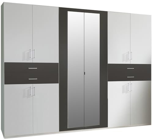 Lomadox Kleiderschrank mit Spiegel, 270 cm breit Garderobenschrank Schlafzimmerschrank Wardrobe modern in weiß mit Graphit