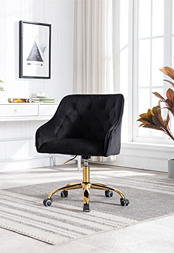 Luxuriöser Drehstuhl aus Samt für Büro, Schminktisch oder Schreibtisch, eleganter Goldstuhl für Mädchen, 360° drehbar, höhenverstellbar, stilvoller schwarzer Empfangsstuhl