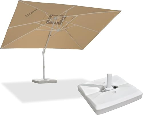 PURPLE LEAF Parasol Déporté 3 x 4 m Rectangulaire avec Socle, Parasol de Jardin Extérieur Toile Résistante Aux UV avec 8 Baleines, Manivelle, Inclinable et Rotation à 360°, Beige