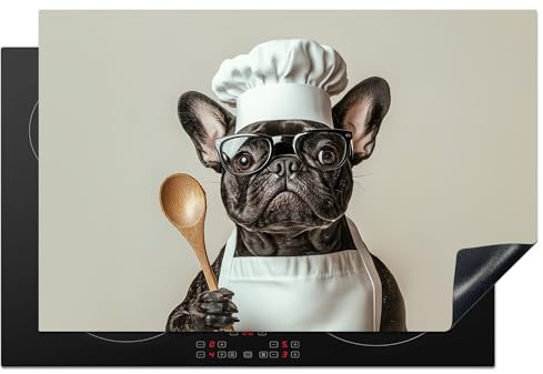 KitchenYeah© Herdabdeckplatte Einteilig Ceranfeld Abdeckplatte für | 81x52 cm - Induktionsschutz Ceranfeldabdeckung Vinyl Herdabdeckplatten Brille - Hund - Koch