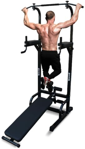SPORTINATOR Abderos Power Tower med lutande bänk | Armhävnings- och dip-station | höjdjusterbar 170–225 cm | stabil konstruktion | styrketräning för helkroppsträning hemma (svart)