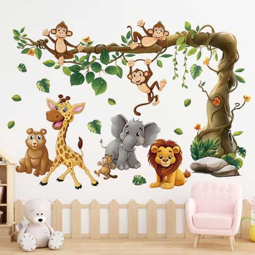 milaosk Wandtattoo Dschungel Waldtiere Bäume Wandsticker Tiere Elefanten Affe Giraffe Löwe Bär Wandbilder Tapete Wandaufkleber Kinderzimmer Babyzimmer Kleinkinderzimmer Schlafzimmer Wanddekoration