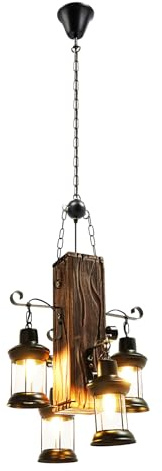 Loohacp Vintage-Holz-Kronleuchter,Vintage-Holz-HäNgeleuchte, Retro-HäNgeleuchte, HöHenverstellbare Ketten-Deckenleuchte,Vintage-Kronleuchter Aus,2/4-Licht-HäNgeleuchte,Deckenleuchte (4 Lichtquelle)