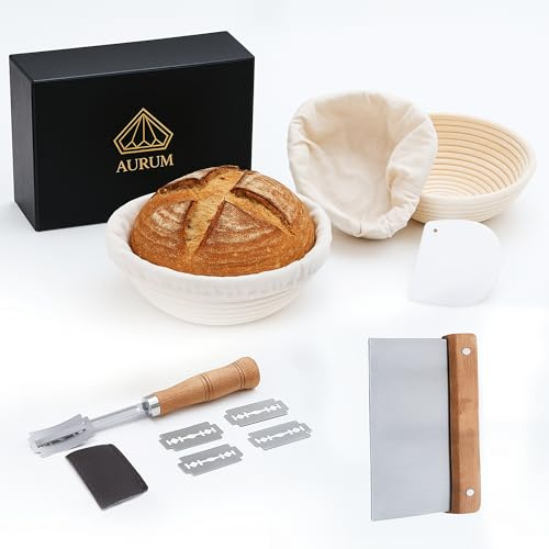Aurum® Kit Pan Casero Con Banetones, Cesta Fermentación, Masa Madre Para Hacer Pan, Utensilios Panadería, Accesorios Para Panaderos, Banneton Con Rasqueta Y Tela, Set Completo Para Fermentar